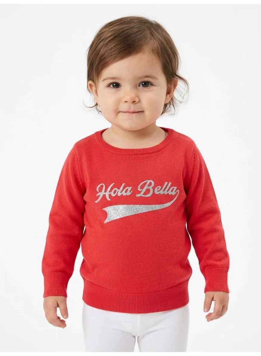 LOUD UNIVERSE Baby Girl Red Sweater with Glitter Print (Long Sleeve, Round Neck, Kids) o99uv