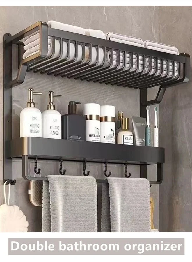 Kutis Double Layer Bathroom Organizer Rack Premium Aluminum Storage Shelf (Black, 57 x 22 x 42 cm) qc3yy