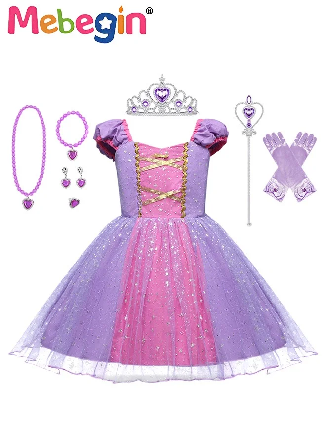 MEBEGIN Princess Costume Set with 7 Accessories, Elegant Fairy Tale Dress for Girls, Gold Filigree Detail, Premium Party Outfit for Birthday and Cosplay zxx32