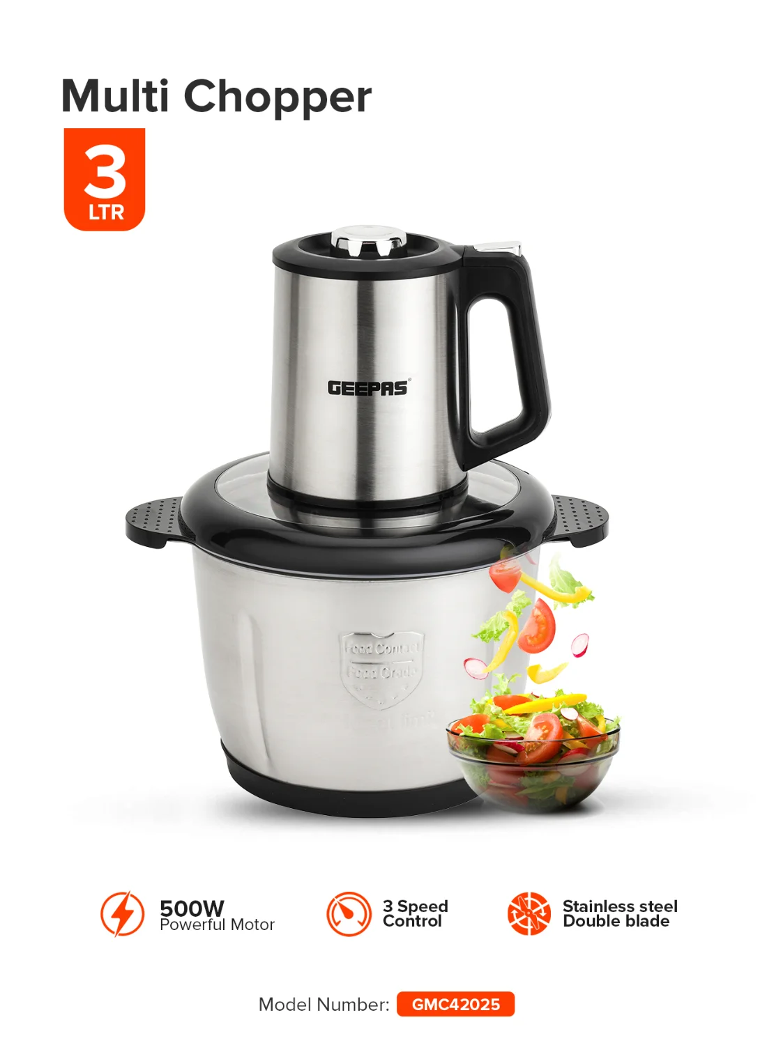 Geepas Multi-Functional Electric Food Chopper with Stainless Steel Blades (3 L, 500 W, Black) irm2f