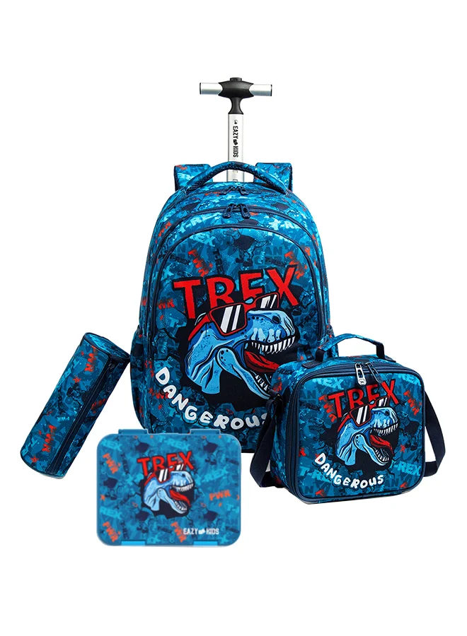 Eazy Kids 4-Piece Trolley School Bag Set with Bento Lunch Box and Pencil Case - TREX Dinosaur Design (Blue, 45 cm) vt0j7