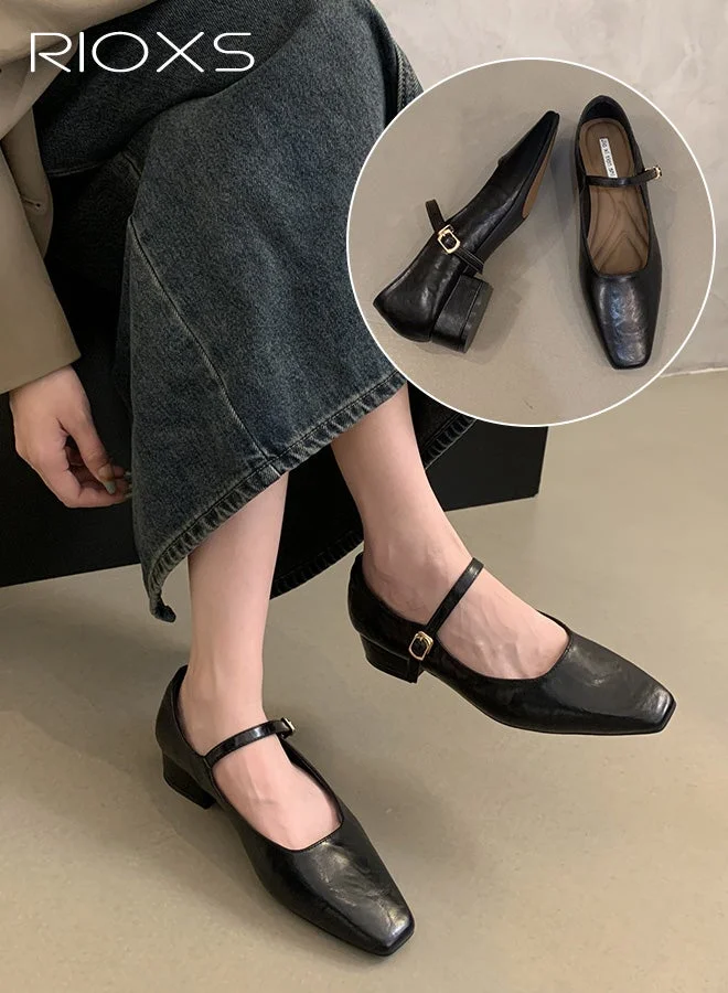 RIOXS Mary Jane Heels Square Toe Pumps with Buckle Strap Comfortable Chunky Low Heel Shoes for Women (Black) 4681m