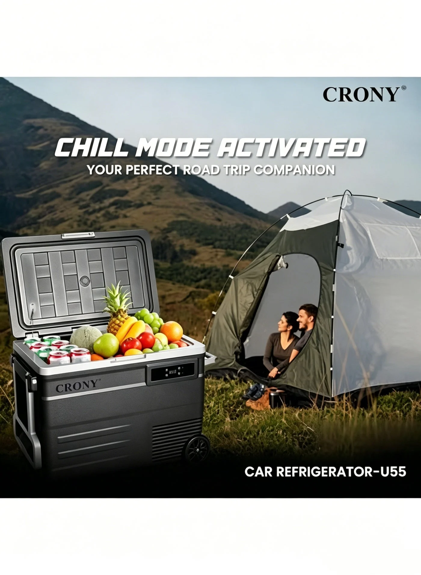 CRONY Portable Car Refrigerator 55L Dual Power Cooler with LED Control and Wheeled Design for Travel and Camping mgiy9
