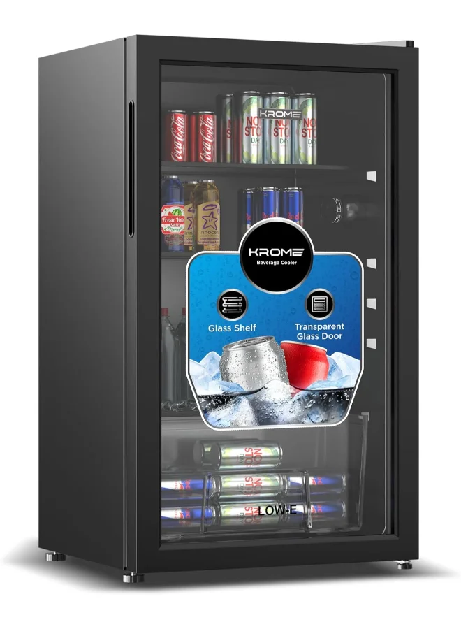 Krome Beverage Cooler 120L Free Standing Single Door Fridge with Blue LED Light and Adjustable Shelves (Black, 120 L) 8ypwp