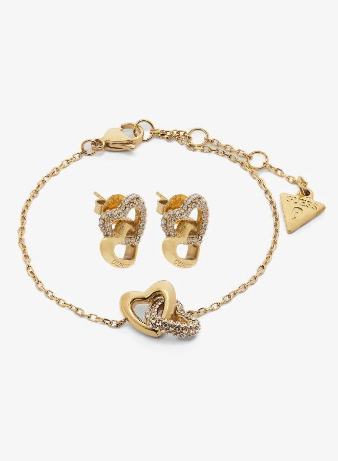 Premium Heart Link Bracelet and Stud Earrings Set (Gold-Tone, One Size) bfplc