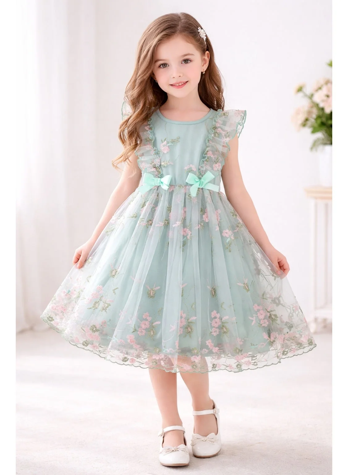 Smarties AE Girls Floral Embroidered Tulle Dress Premium Mesh Party Occasion Wear (3-4 Years) snoxy