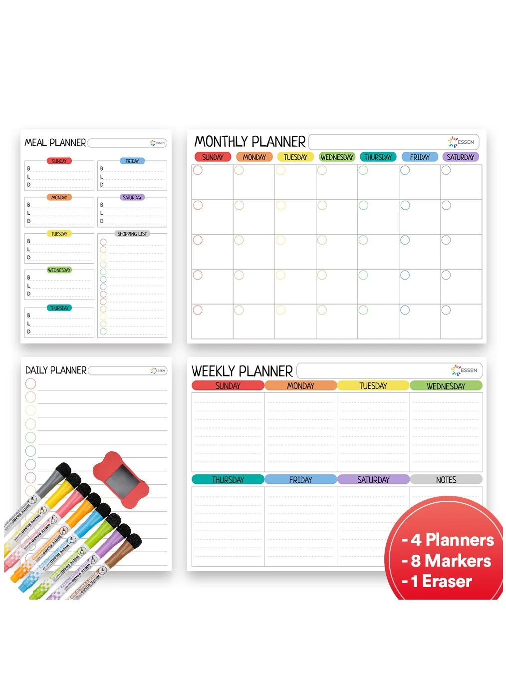 ESSEN Magnetic Whiteboard Planner Set for Fridge Monthly Weekly Meal and Daily Organizers (4 Planners, 8 Markers, 1 Eraser) vffw9