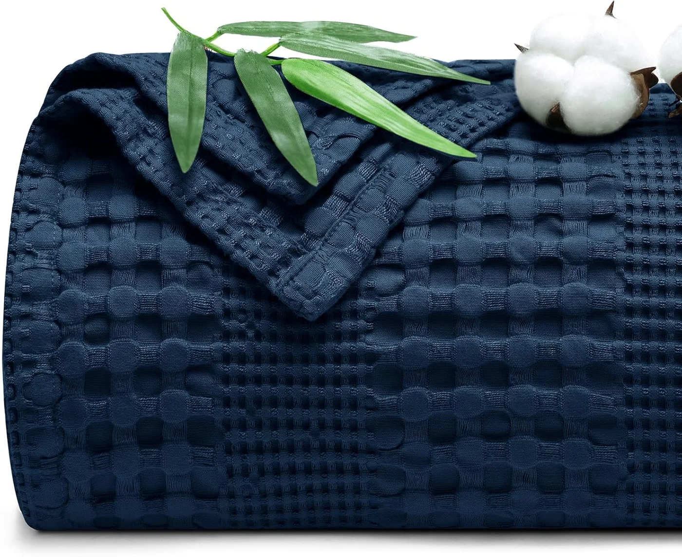 PHF Bamboo Cotton Waffle Blanket Premium Lightweight Breathable Bed Throw (Navy Blue, 264 cm x 228 cm) e85xf