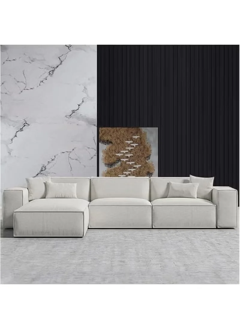 Al Zakharef Furniture L-Shape Sectional Sofa, Modern Velvet Couch with Pillows (White, 250 cm) 3ks3k