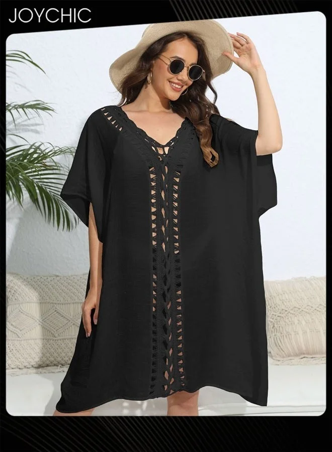 Joychic Women Summer Beach Cover Up V-Neck Loose Hand Crochet Flower Stitching Middle Sleeve (Solid Color, One Size) ctzxp