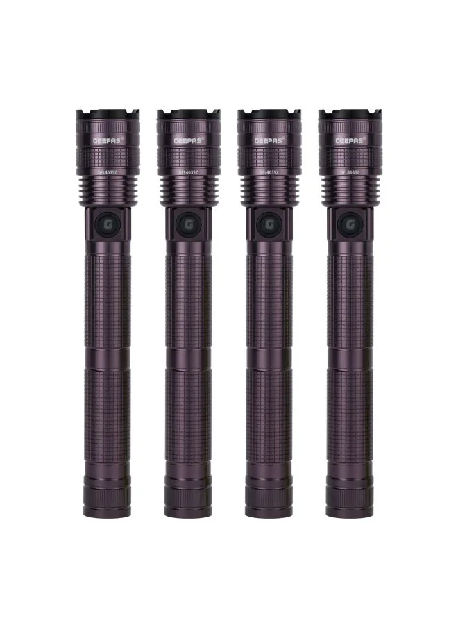 Geepas Zoomable LED Flashlight Set High-Power Portable Torch with Aluminum Alloy Housing (Black, 4 Pack) 055jm