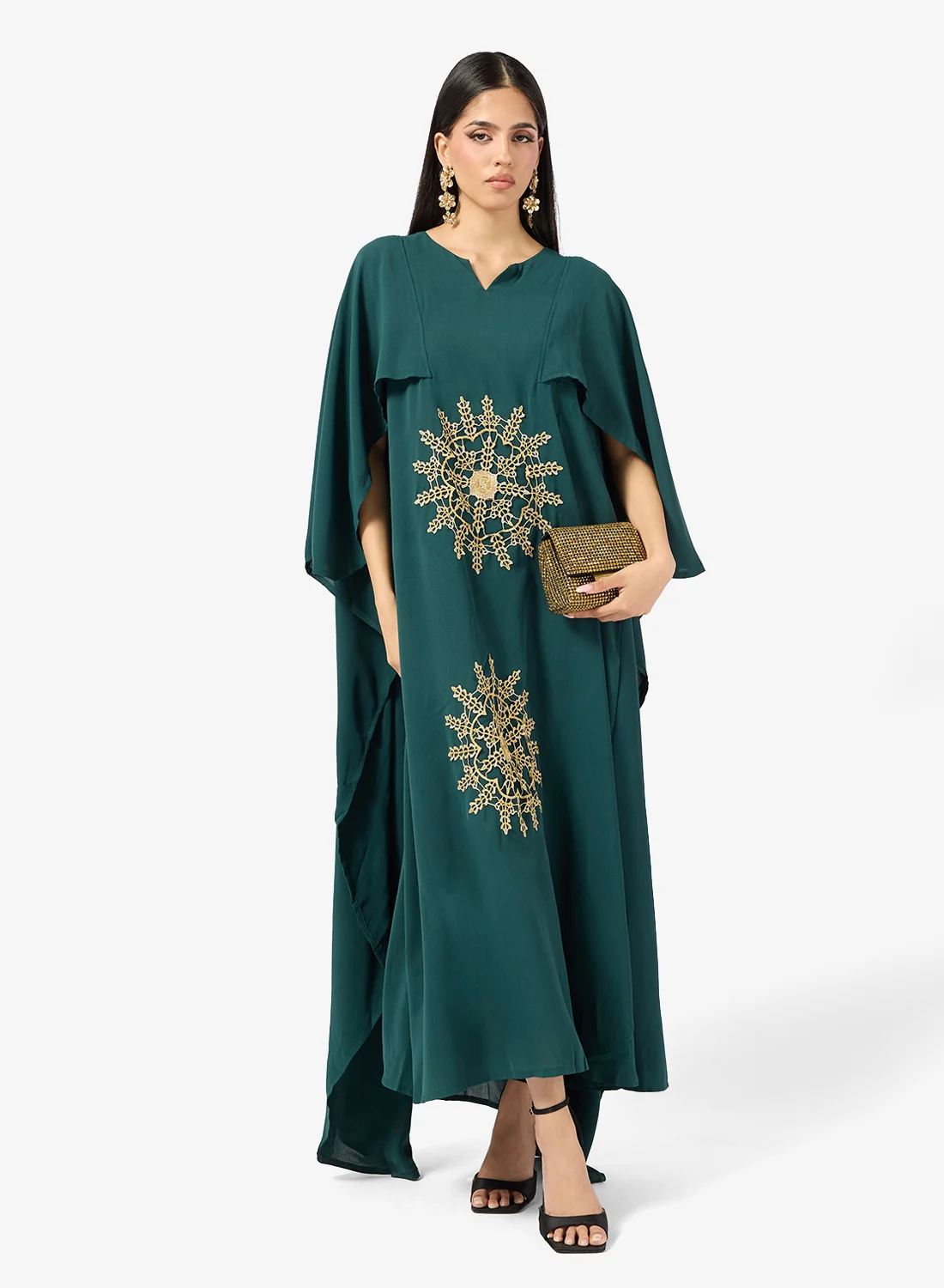 Khizana Embroidered Kaftan With Cape Premium Flowing Evening Gown for Women (One Size) d8uuh
