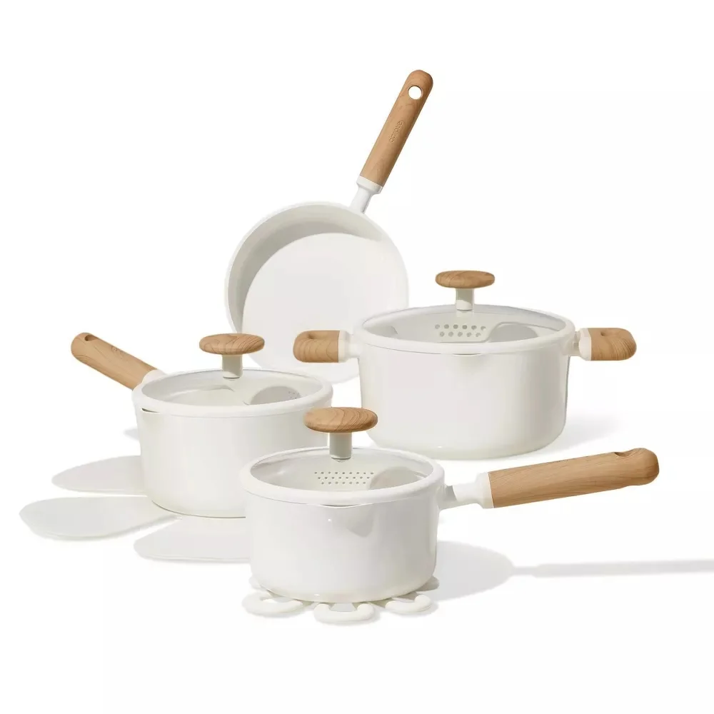 Premium Ceramic Nonstick Cookware Set 11-Piece Kitchen Pots and Pans with Silicone Strainer Lids (Cream, 11-Piece) gmzrt