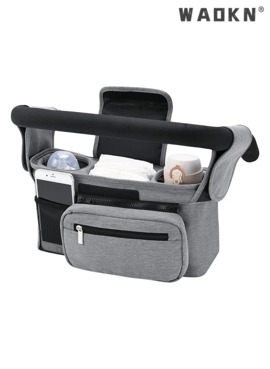 WAOKN Universal Stroller Organizer Bag with Insulated Cup Holder and Detachable Phone Pouch (Grey, 35 cm x 15 cm x 10 cm) ylm0k