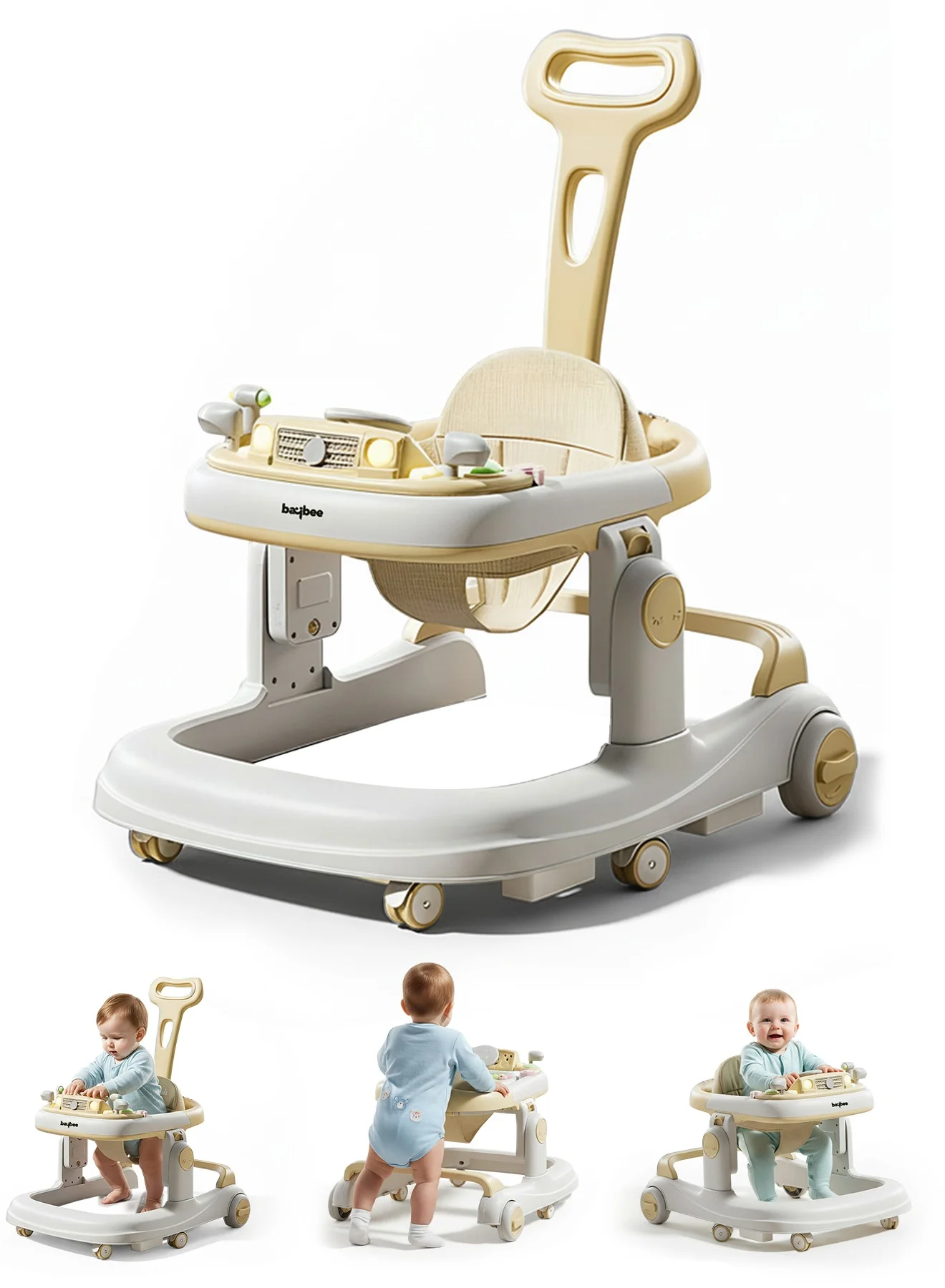 BAYBEE 3-in-1 Baby Walker with Parental Push Handle, Adjustable Height & Musical Tray (White, 5-Level Height) m9mpy