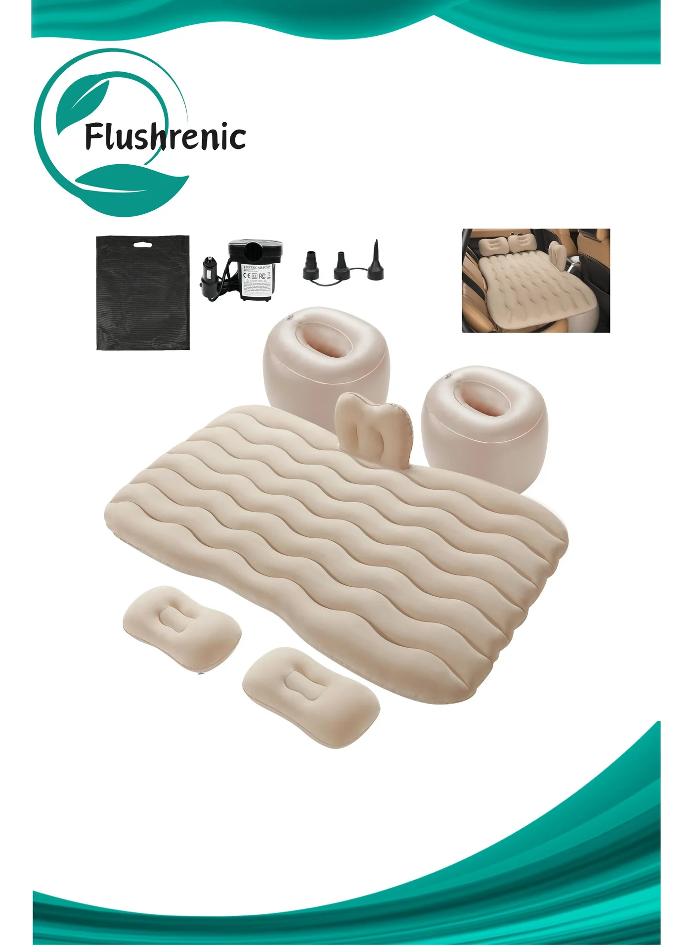 Flushrenic Inflatable Car Air Mattress Premium Thickened PVC Travel Bed for Small Vehicles (Beige, Universal) pd4as