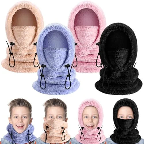 Jeere Kids Balaclava Face Mask Set Windproof Winter Ski Hooded Scarf for Cold Weather Outdoor Sports (4 Pieces, Light Color) 50utg