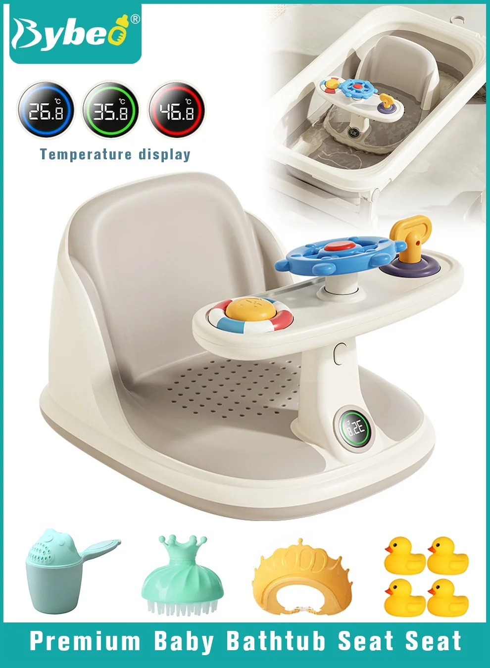 Bybeo Baby Bath Seat with Water Thermometer and Toy Tray, Non-Slip Infant Bathtub Chair with Shampoo Cap and Bath Accessories (1 Piece) i9ili