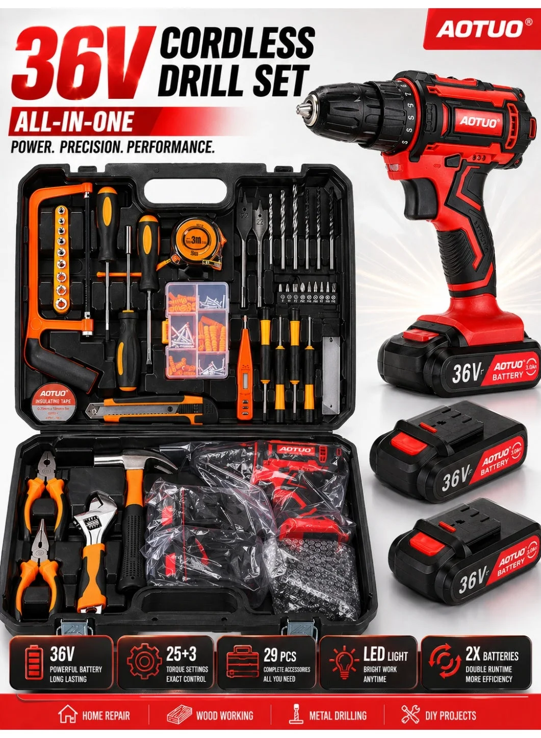 AOTUO Cordless Power Drill Set 36V High Torque Professional DIY Tool Kit (114-Piece Accessory Set) 5rje8