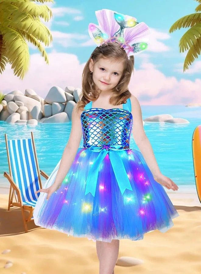 DURKU Mermaid Princess Costume with LED Lights and Tiara, Sparkling Glitter Tutu Dress for Kids (Size S) sxww6