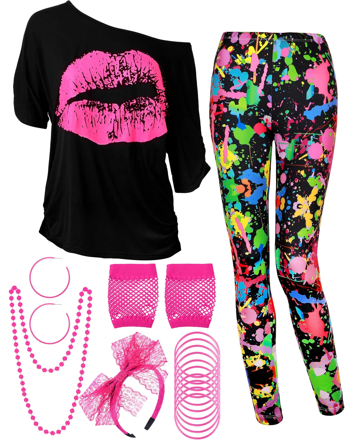 80s Retro Women Costume Set Premium Party Outfit with Accessories (Multi-Color, X-Large) 8t1fe
