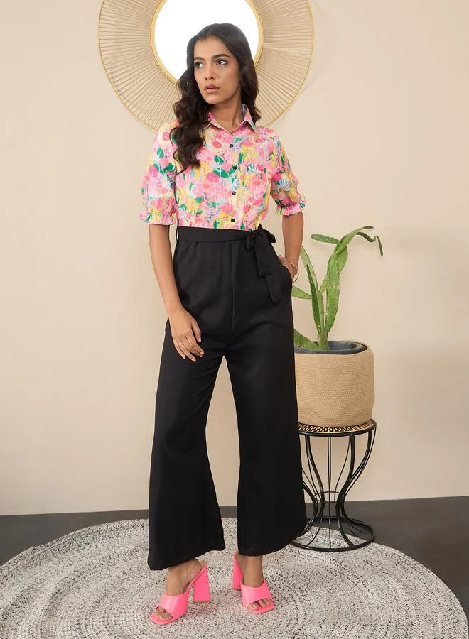 Stylestone Floral Print Jumpsuit Spread Collar Buttoned Romper (Women, Medium) uujj0