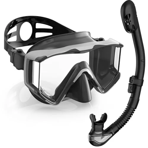 Greatever Panoramic Snorkel Set 3-Window Diving Mask with Dry Top Snorkel Professional Scuba Gear for Adults (Black, One Size) 7y6q3