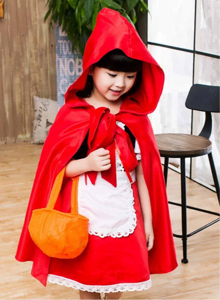 Little Red Riding Hood Costume Set with Hooded Cloak for Girls Kids Fairytale Cosplay Dress (Red, 3-13 Years) ivlin