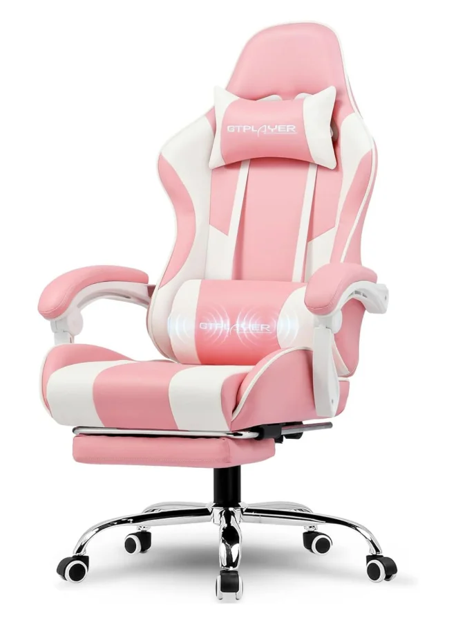 Premium Ergonomic Gaming Chair with USB Massage Cushion and Footrest - PU Leather Computer Desk Chair with Adjustable Lumbar Support and Headrest (Pink) djla3