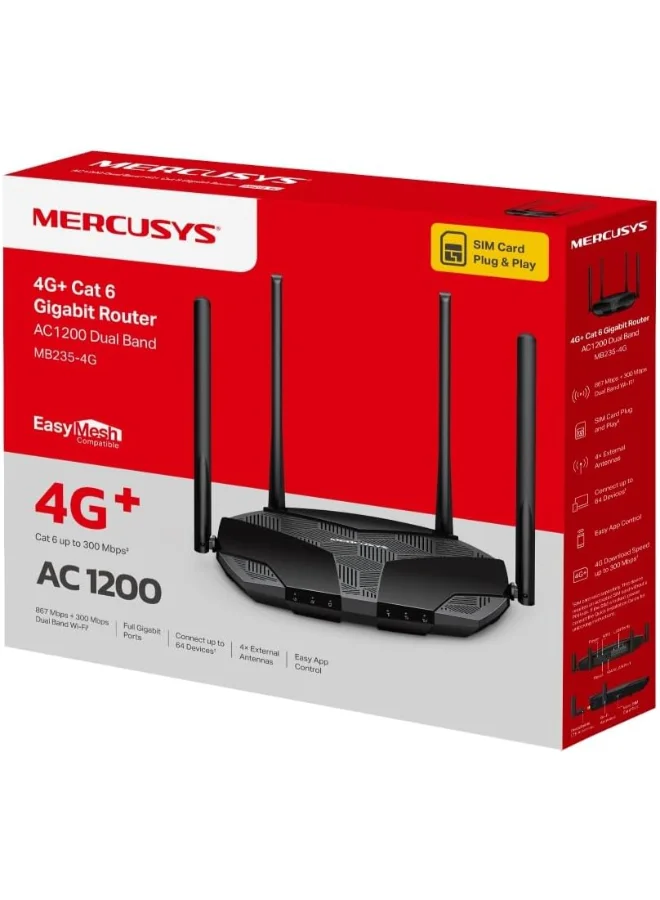 MERCUSYS AC1200 4G+ LTE Wi-Fi Router Dual Band Gigabit Modem (Black, 1 Unit) knmih