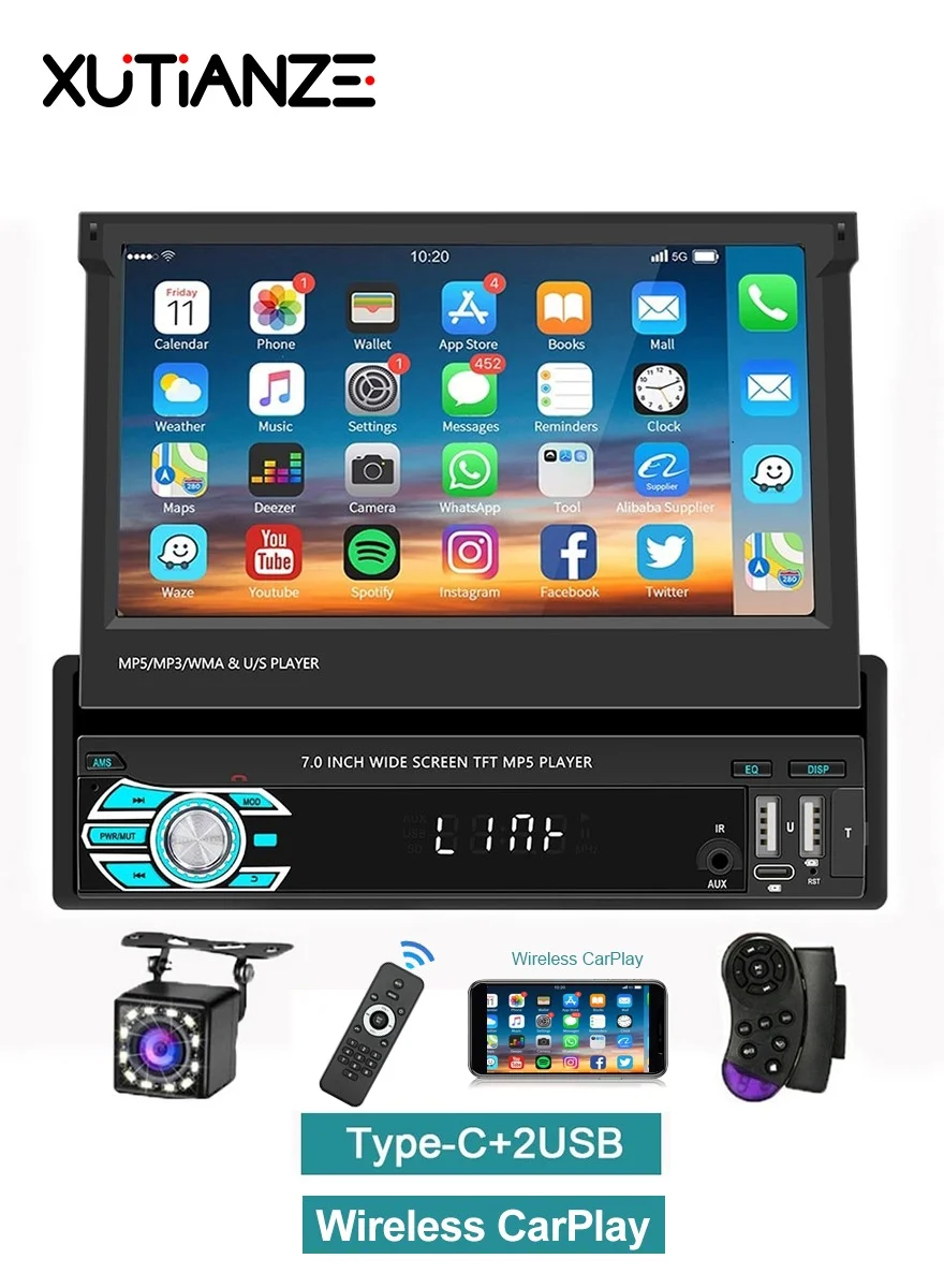 XUTIANZE 7-Inch Retractable Smart Car Screen, Wireless Multimedia Display with 12LED Reversing Camera, HD Touch Interface, Bluetooth Hands-Free & FM Radio (17.78 cm) tdbso