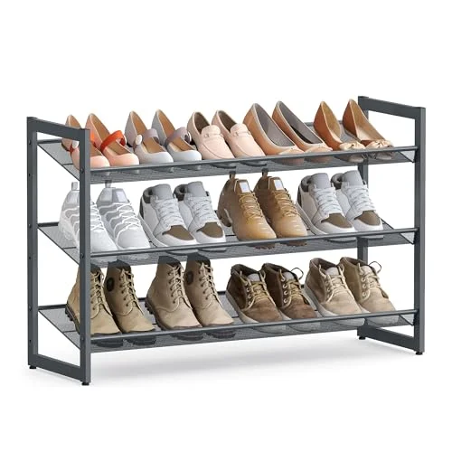 Premium 3-Tier Metal Shoe Rack Organizer, Stackable Storage Shelf with Adjustable Flat or Angled Shelves for Entryway and Garage (Charcoal Gray, 9-12 Pairs) 32jph