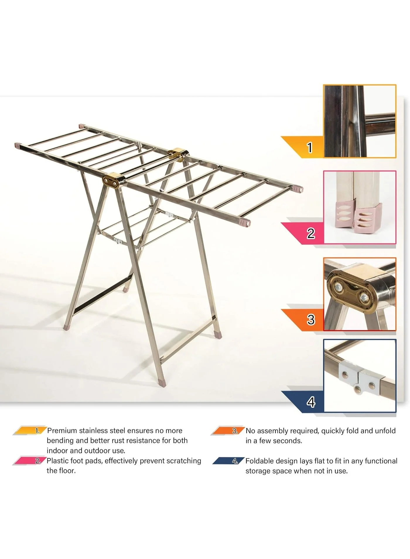 DubaiGallery Foldable Laundry Drying Rack Premium Stainless Steel Heavy-Duty Clothes Hanger Stand (160cm x 50cm x 95cm) i7gp1