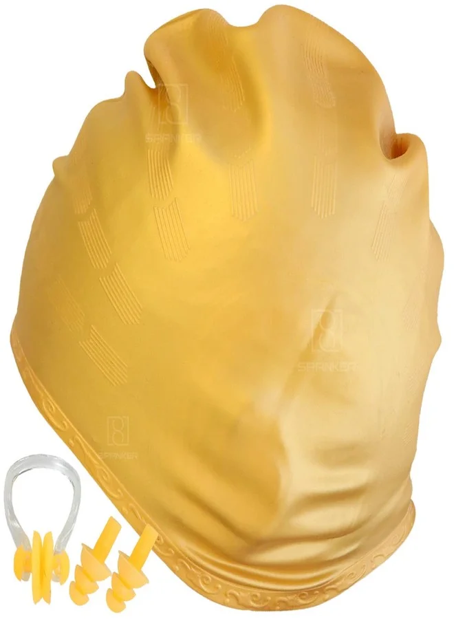 Spanker 3D Silicone Swim Cap with Ear Protection and Nose Clip Set (Golden, One Size) 8c69u