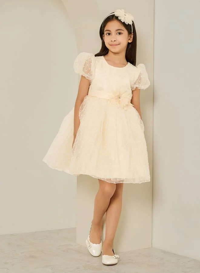 Styli Girls Cream Dobby Organza A-Line Dress Premium Elegant Formal Wear for Kids x6rcl