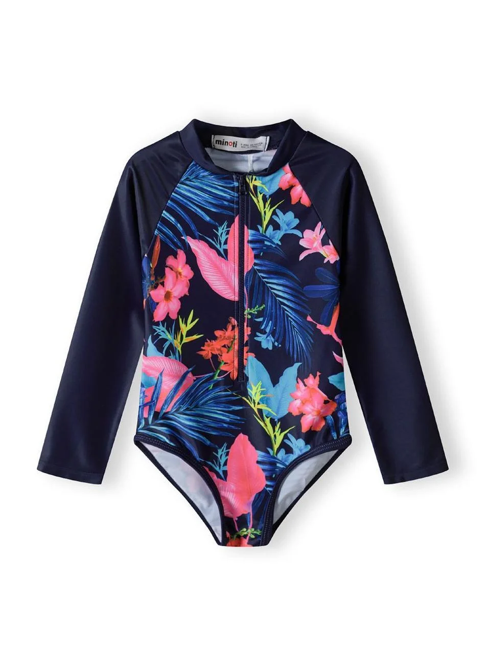 MINOTI Girls Rash Bodysuit Front Zip Swimwear (Navy, 128 cm) ea4sw
