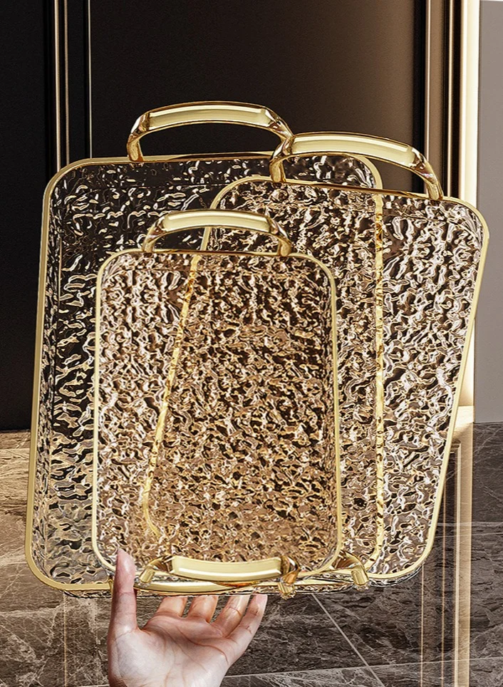 Sunnaltree Decorative Serving Tray Set with Polished Metal Handles (Clear, 3PCS) kxdd1