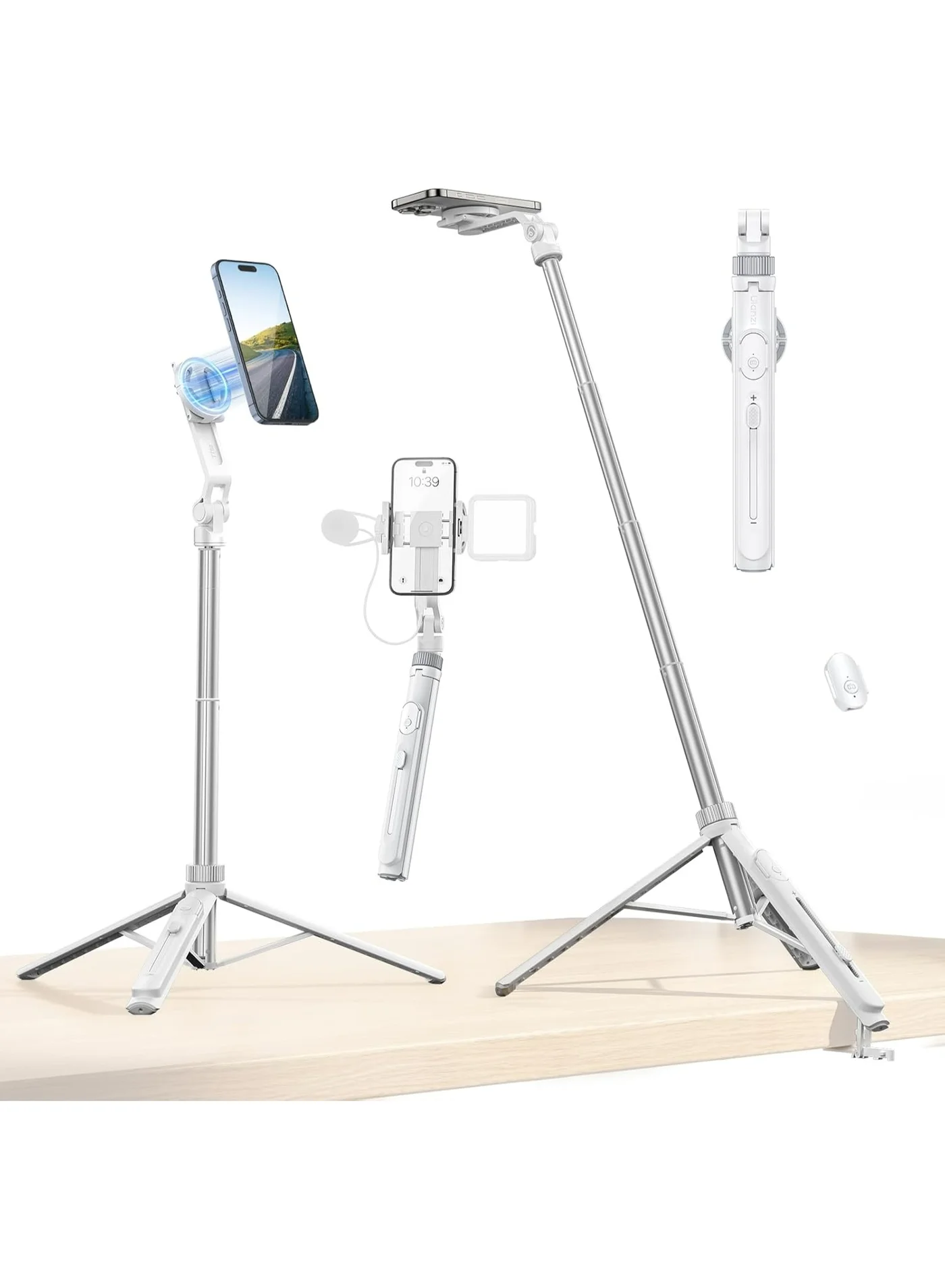 Magnetic Phone Tripod Stand with Remote, 145cm Extendable Selfie Stick, 2-in-1 Clip & Dual Cold Shoe Mounts for Vlogging (White, 145cm) yhbkv