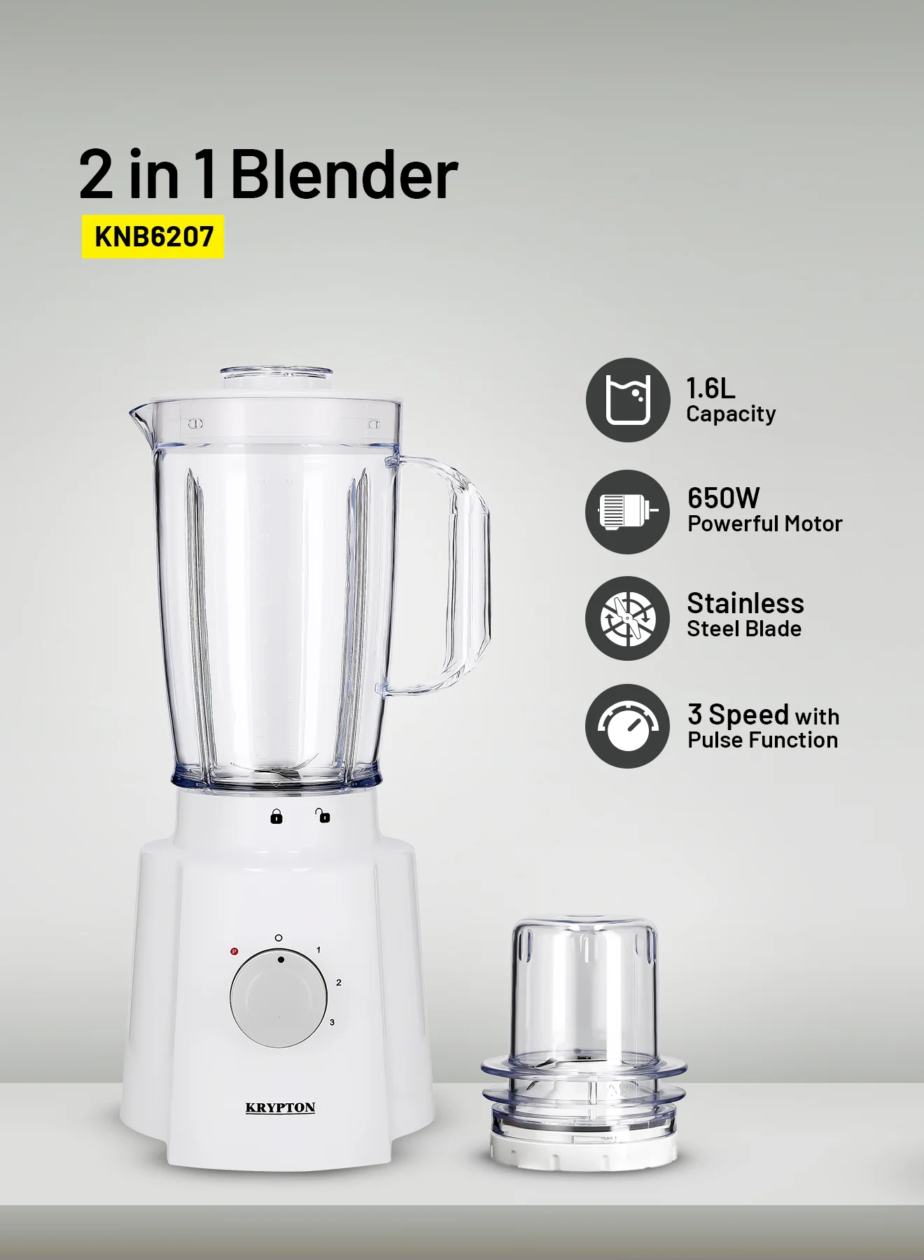 Krypton 2-in-1 Kitchen Blender with Stainless Steel Blades and Safety Interlock (White, 1.6 L, 650 W) pjymi