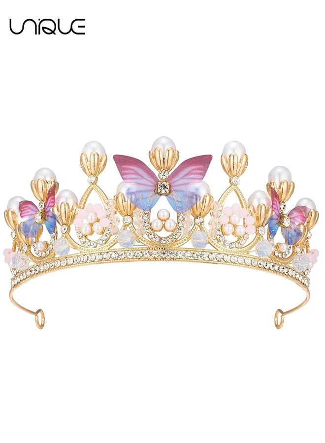 Unique Butterfly Tiara Crown with Gold Crystal Rhinestone and Pearl Embellishments for Wedding and Special Occasions (One Size) z7klq