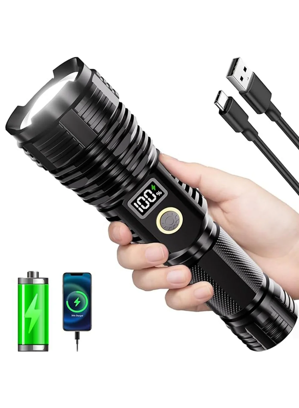 YOUGE Rechargeable Tactical Flashlight High Lumens LED Zoomable Waterproof Light with LCD Display (5 Modes, Aluminium Alloy) szg6l