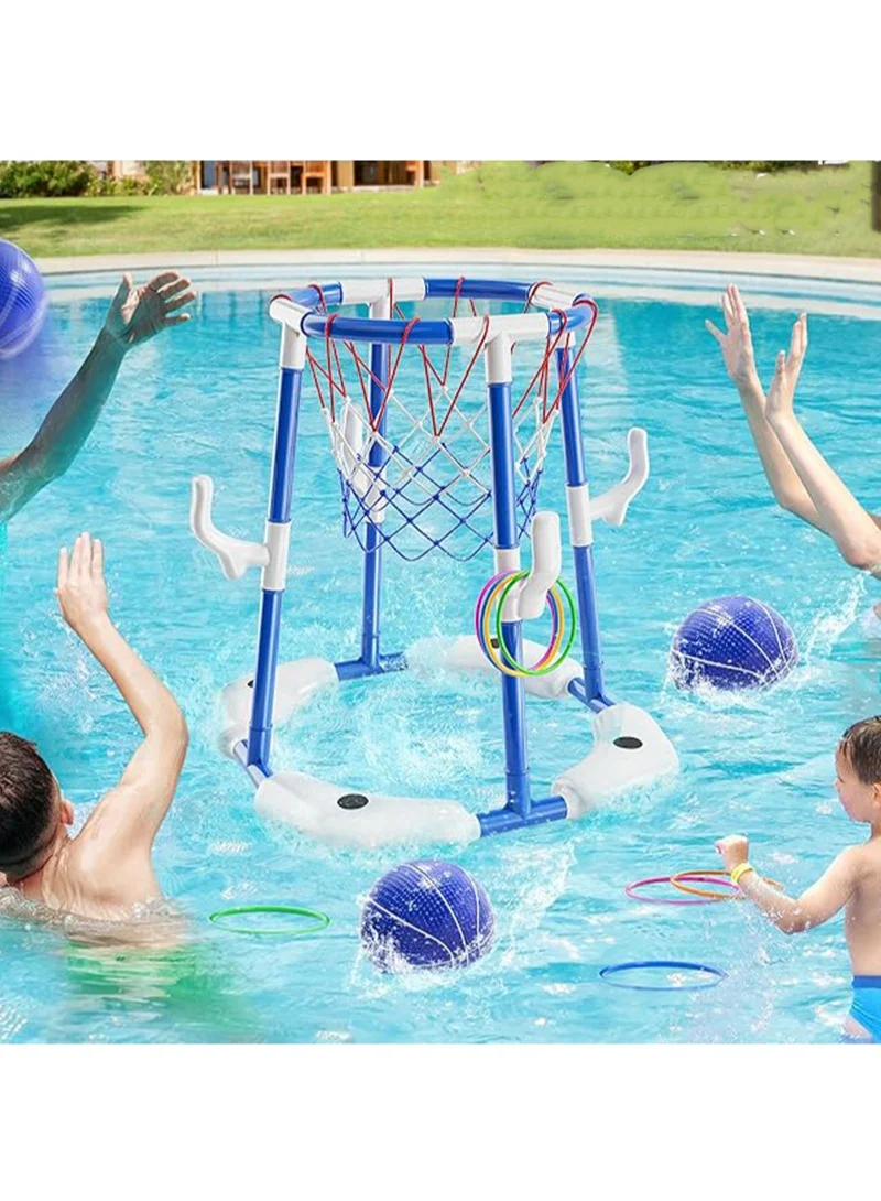 Yoawllty Floating Pool Basketball Hoop and Ring Toss Game Set with 4 Balls and Pump (Blue) flq8j