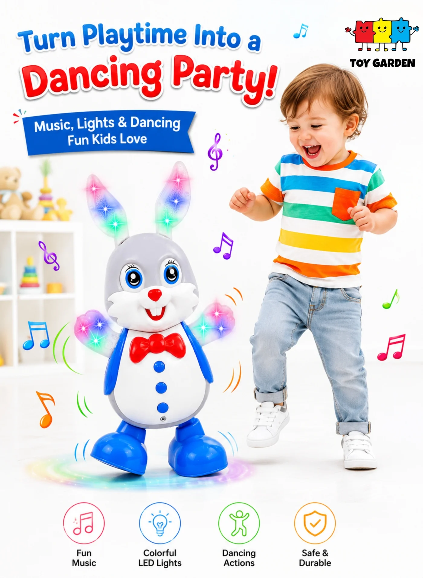 TOY GARDEN Dancing Rabbit Toy with Music and Flashing Lights (Interactive Musical Bunny for Kids, 20 cm) buddl