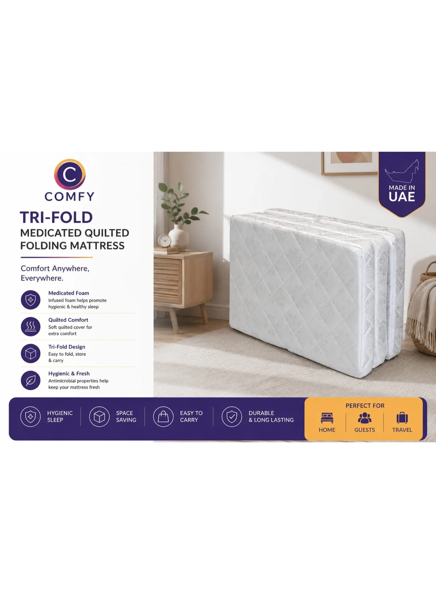 Premium Portable Folding Quilted Mattress (White, 180x90x7 cm) - Ergonomic Support for Home and Travel 5thgx
