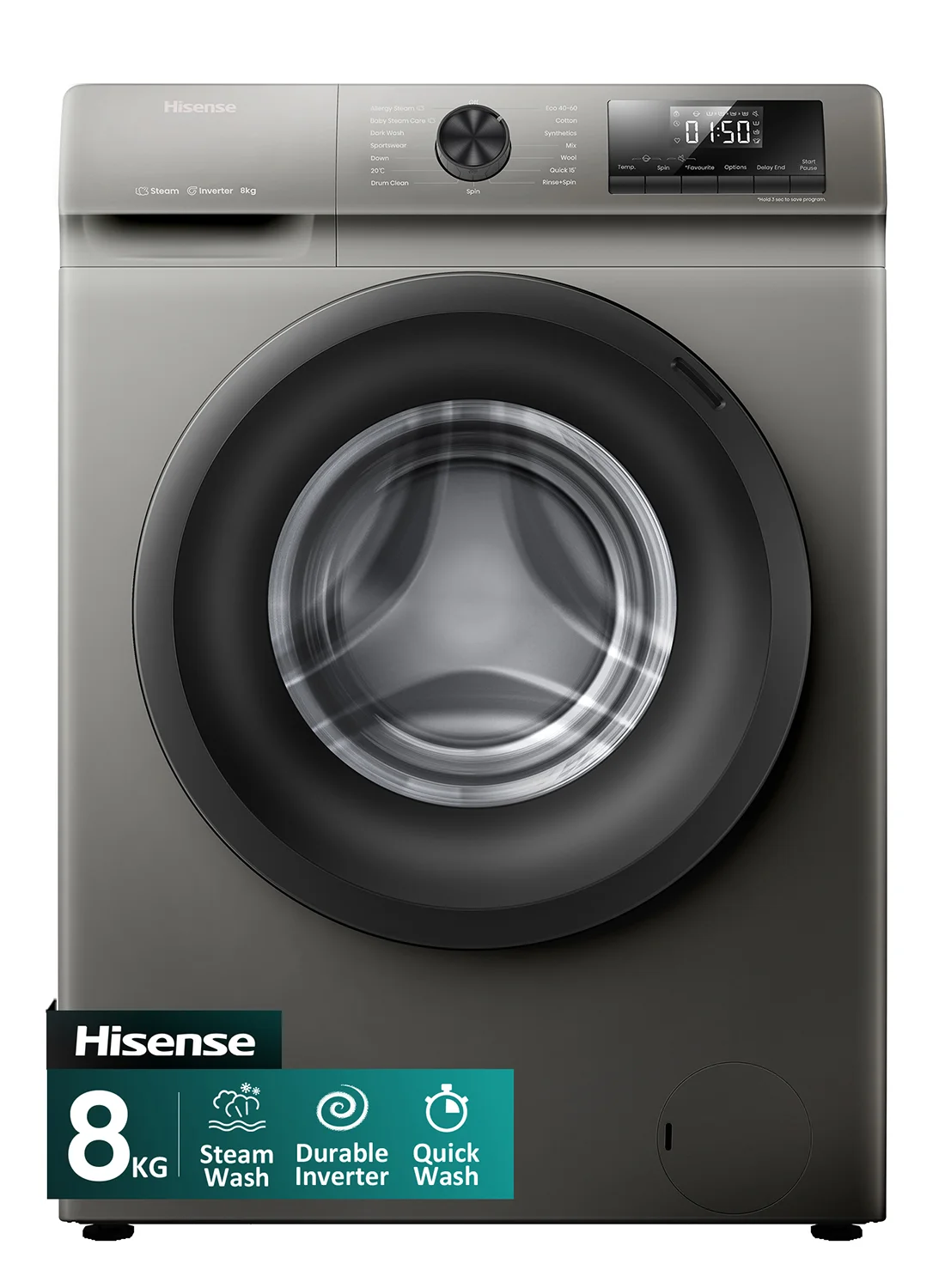 Hisense 8 kg Front Loading Washing Machine with Inverter Motor and Steam Wash (Grey, 8 kg) j6klc