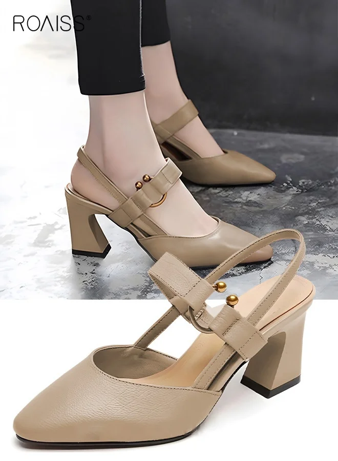 Roaiss Women Pointed Toe Chunky Heel Sandals Premium Office Casual Footwear (Khaki) 4wyz9