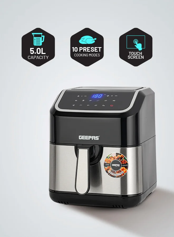 Geepas Digital Air Fryer with Touch Screen Display and 10 Preset Cooking Modes (Black, 5 L) 15fpy