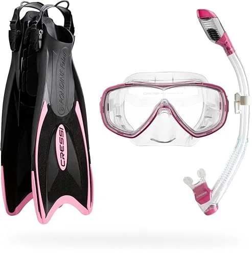 Premium Snorkeling Set with Tempered Glass Mask and Adjustable Diving Fins (Pink, ML) oszyy