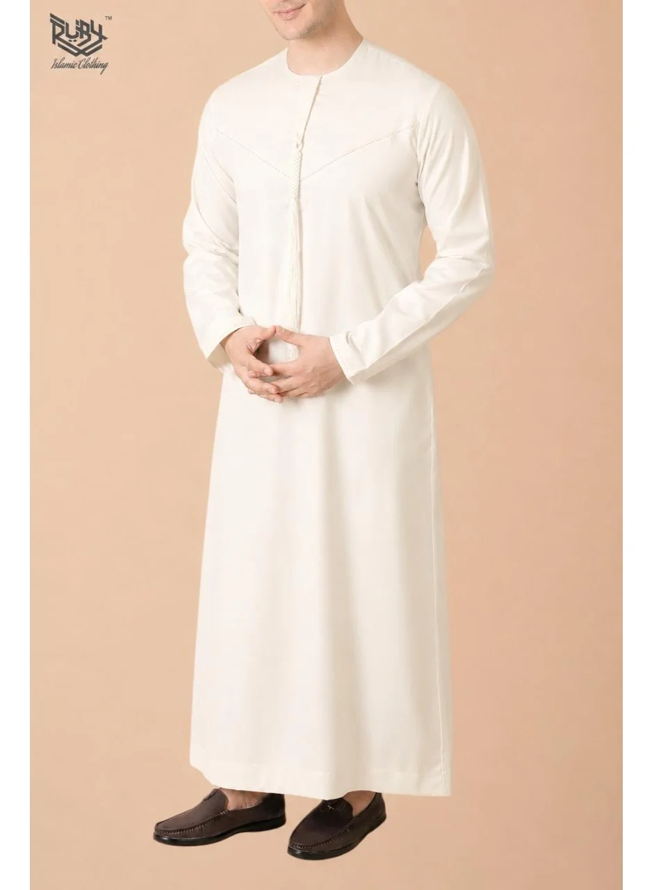 RUBY ISLAMIC CLOTHING Emirati Thobe Kandura for Men Premium Poly Viscose Embroidered Kaftan (Off White, Slim Fit) bczus
