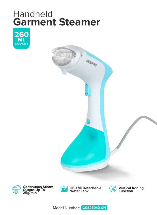 Geepas Handheld Garment Steamer, 1300W Portable Fabric Wrinkle Remover with Stainless Steel Panel (Green, 260 mL) 0ab96